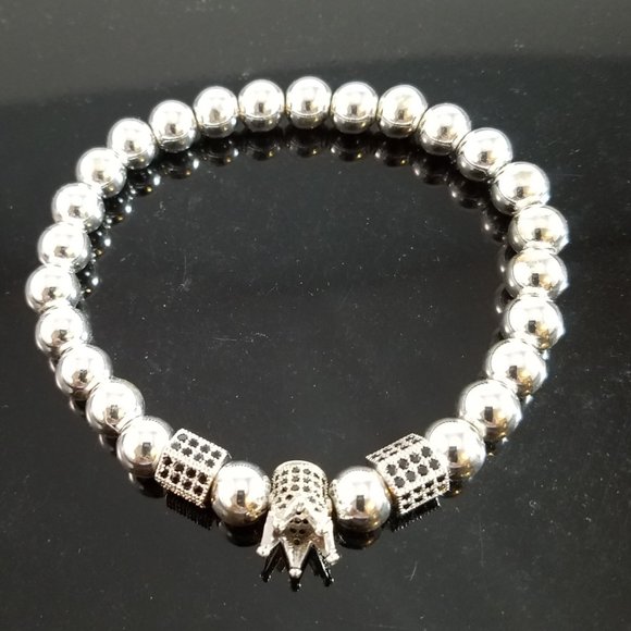 “SOLD” Hand Crafted Steel and Pave Beaded Stretch Bracelet Silver and Black 7.5" - Picture 5 of 6